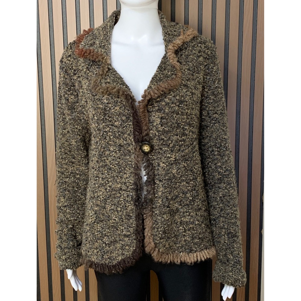 Coldwater Creek Women's M Brown Vintage Knit Fringe Trim 90s Button Cardigan